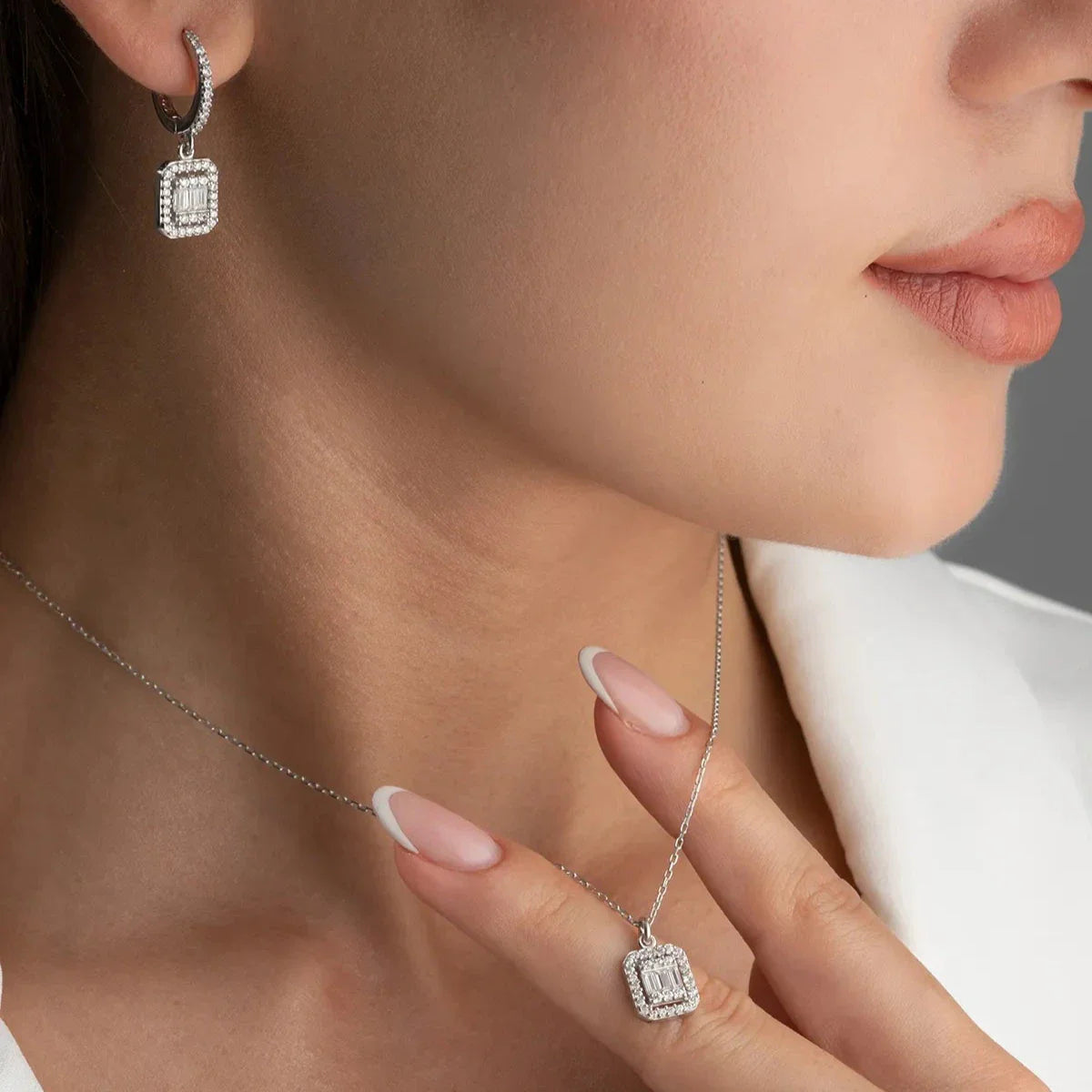 BAGUETTE HALSKETTE OHRRING SET | 925 SILBER