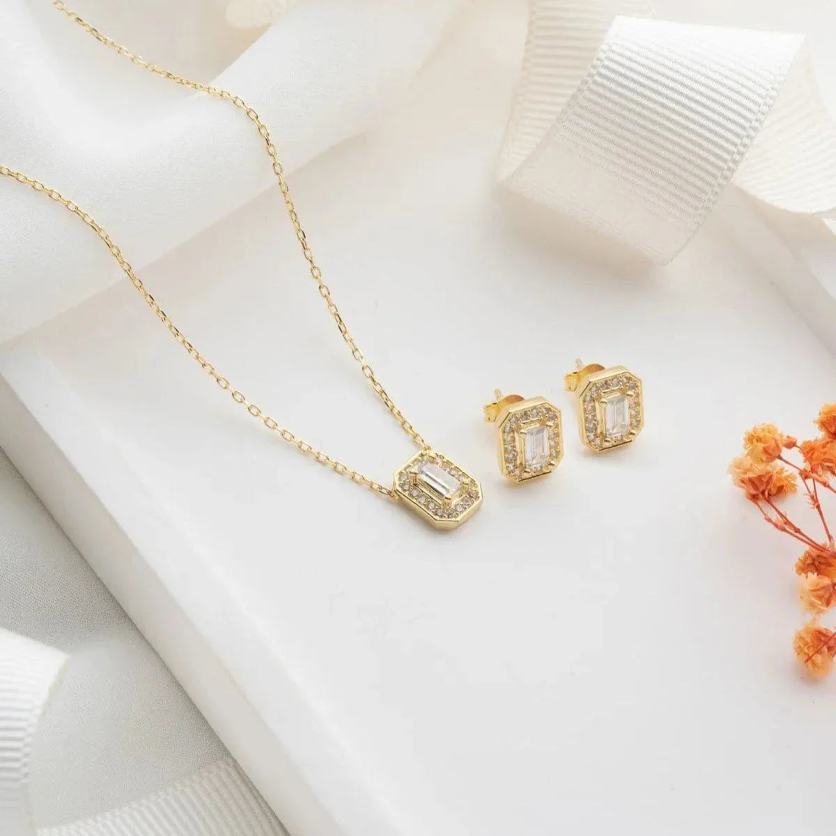 BAGUETTE ZIRKON STEIN HALSKETTE OHRRING SET | 925 SILBER