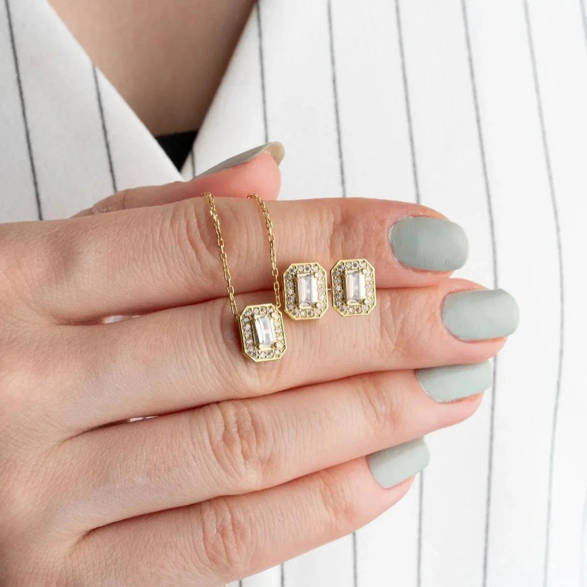 BAGUETTE ZIRKON STEIN HALSKETTE OHRRING SET | 925 SILBER