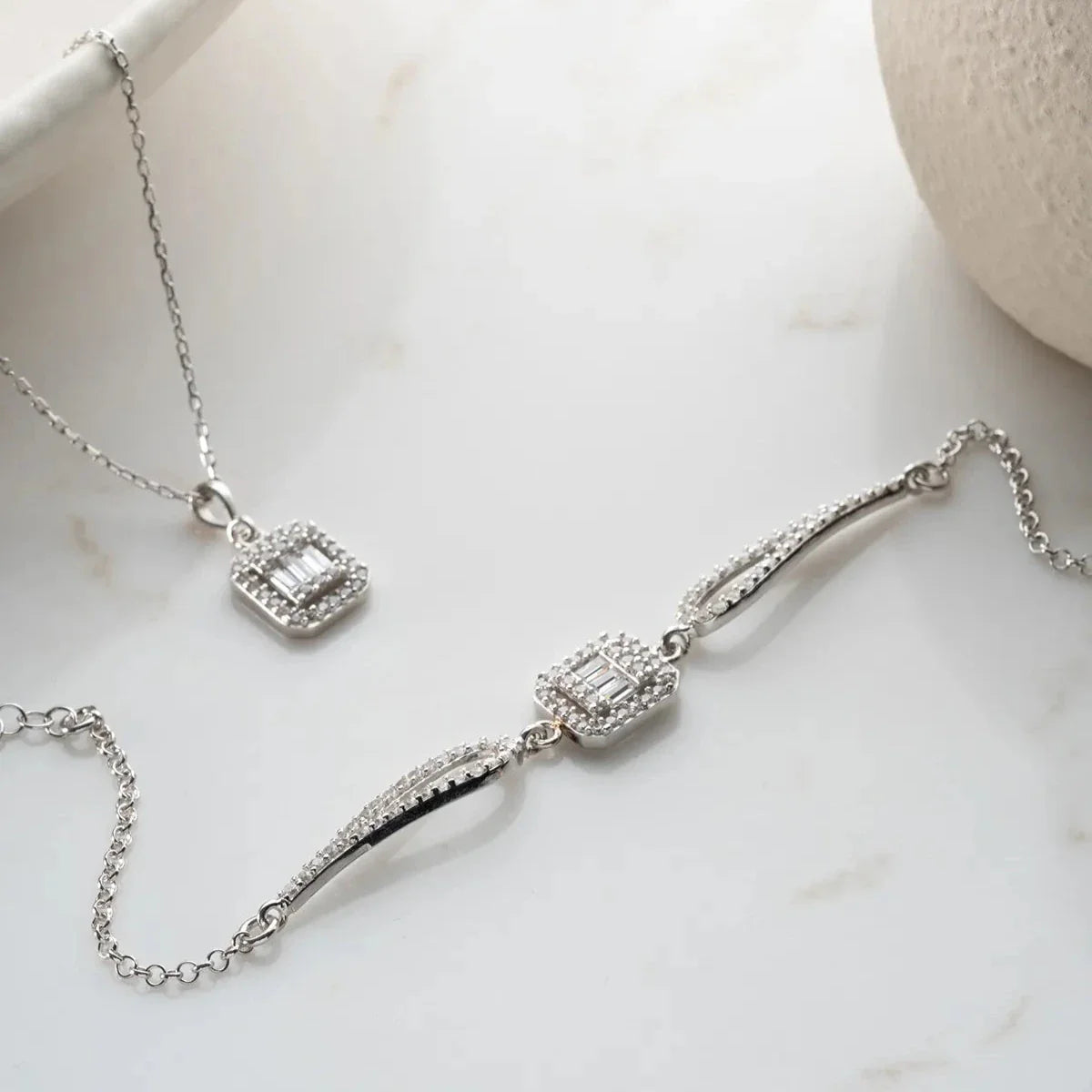 BAGUETTE STEIN HALSKETTE ARMBAND SET | 925 SILBER