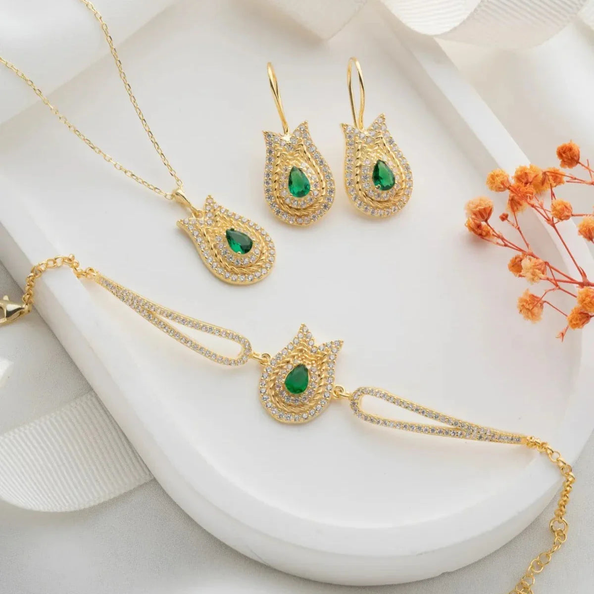SMARAGDGRÜNES TULPEN-SCHMUCKSET | 925 SILBER