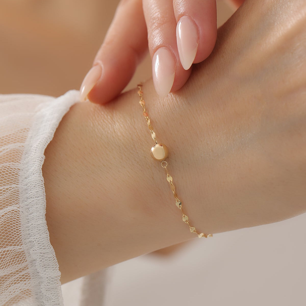 1,8 MM SPIEGELARMBAND MIT 6 MM GLÄNZENDER KUGEL ARMKETTE | 14K GOLD