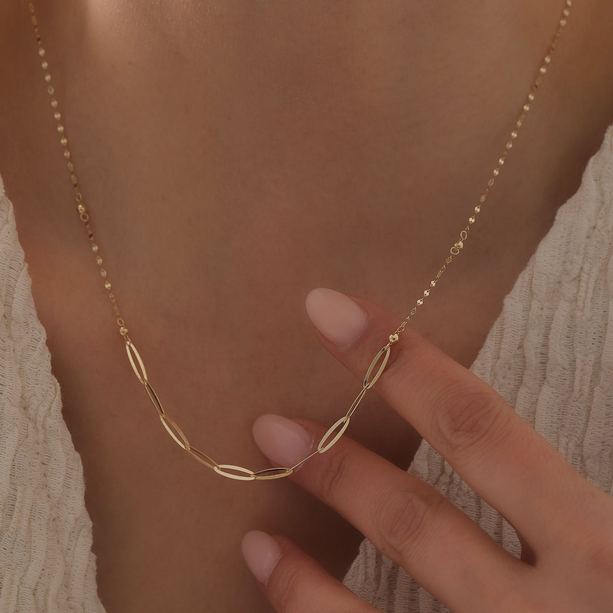 GLÄNZENDE SPIEGELKETTE MIT TROPFEN- UND PAPERCLIP-ELEMENTEN HALSKETTE | 14K GOLD