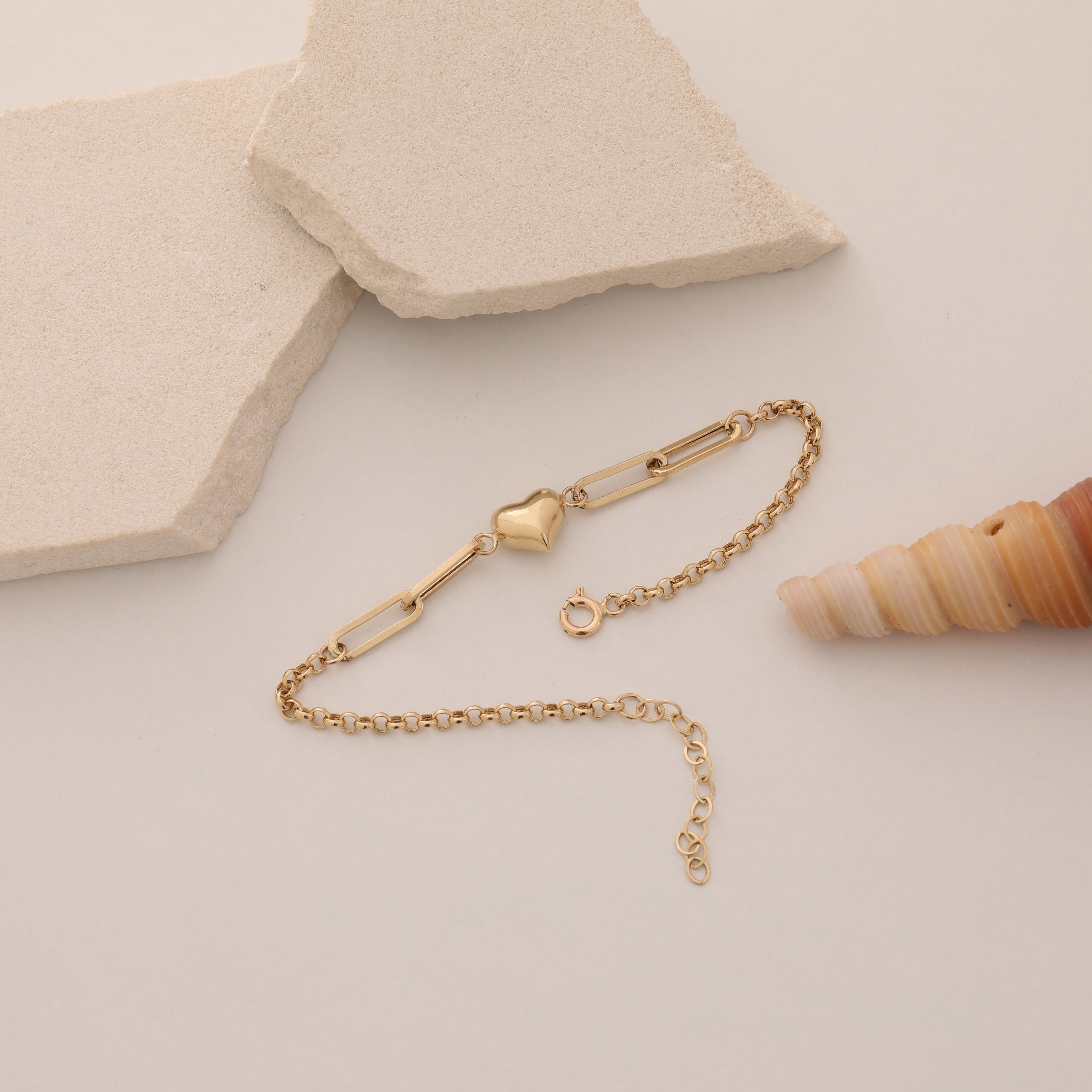 GEWÖLBTER HERZ-BÜROKLAMMER-ARMKETTE | 14K GOLD