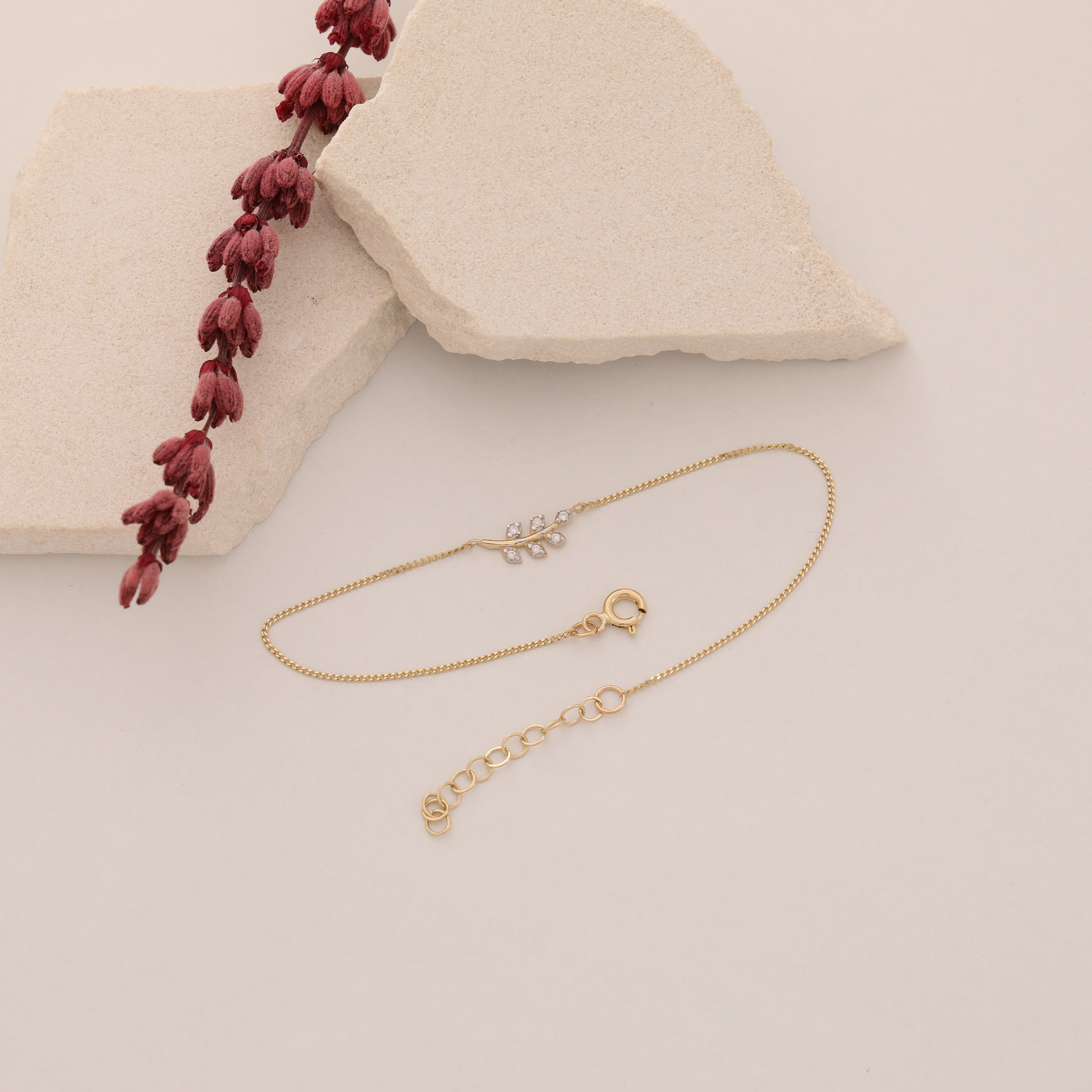 ZIRKONSTEIN OLIVENZWEIG ARMKETTE | 14K GOLD