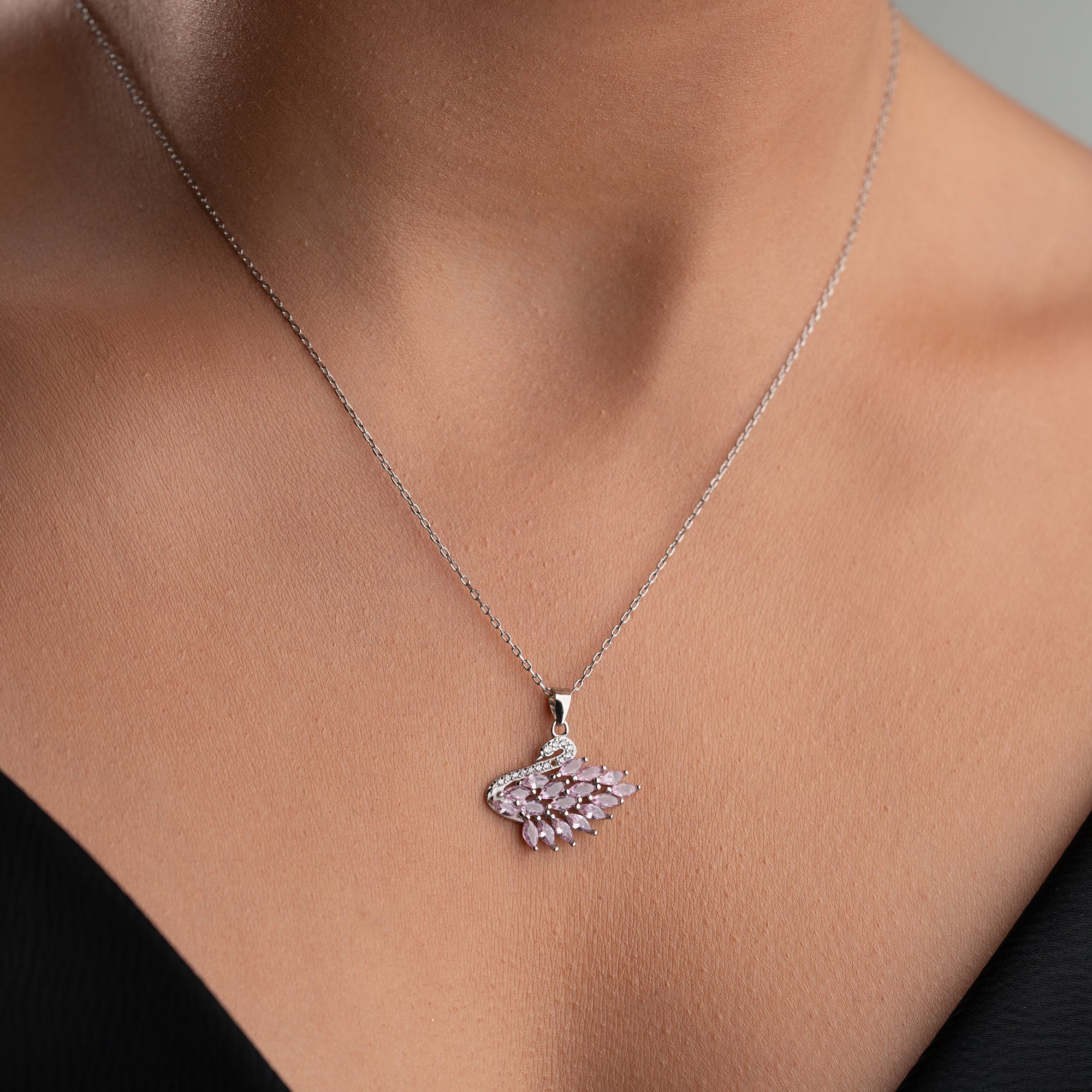 SCHWAN MIT ROSA STEIN HALSKETTE | 925 SILBER