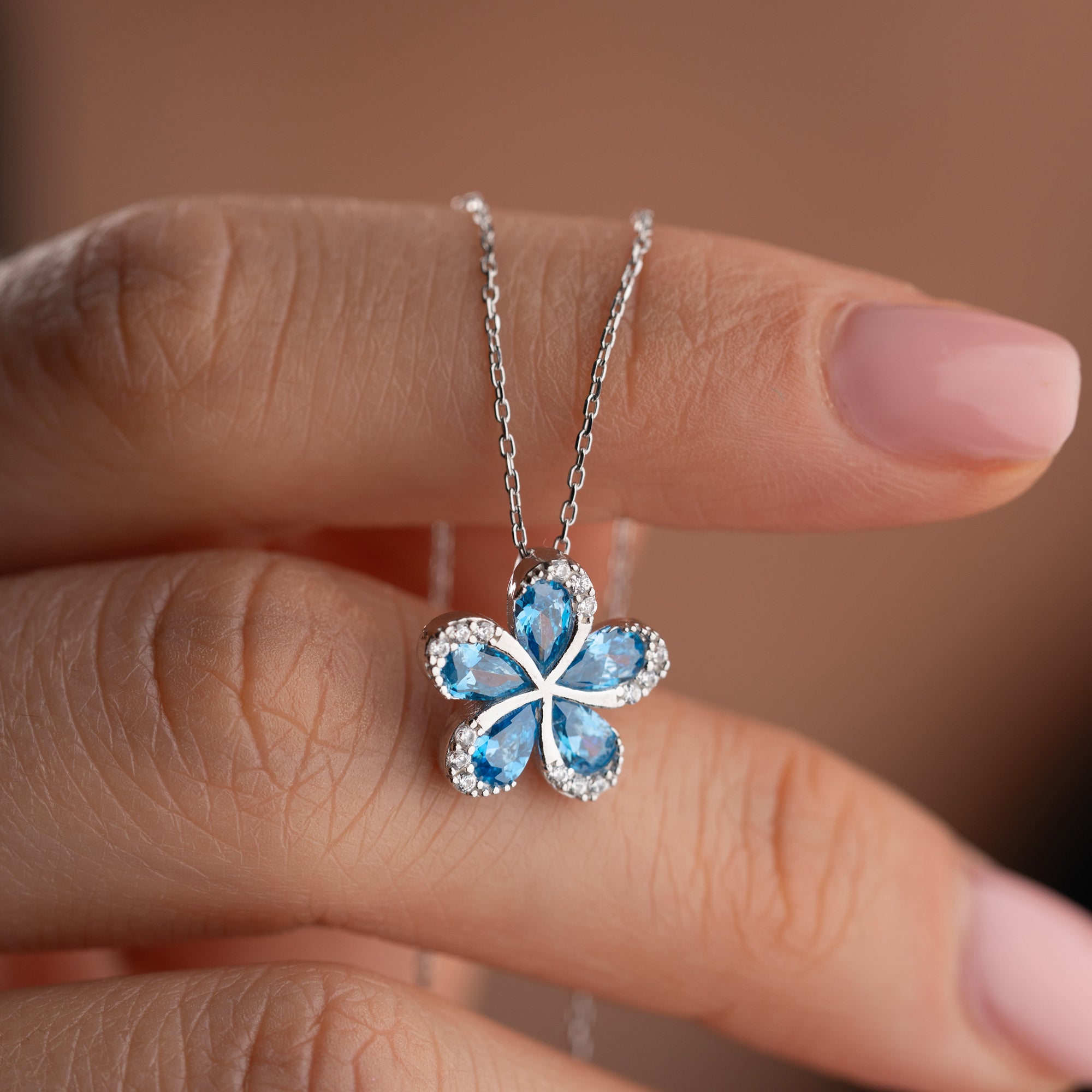 BLUME MIT BLAUEM STEIN HALSKETTE | 925 SILBER