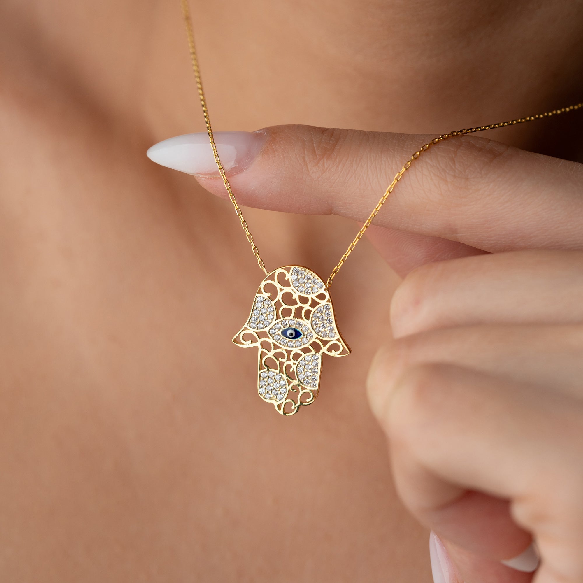 FATIMAS HAND MIT NAZAR & ZIRKONIA HALSKETTE | 925 SILBER