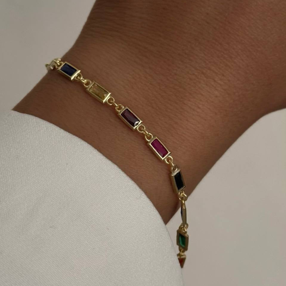 QUADRATISCHES BAGUETTE STEIN BUNTES ARMBAND | 925 SILBER