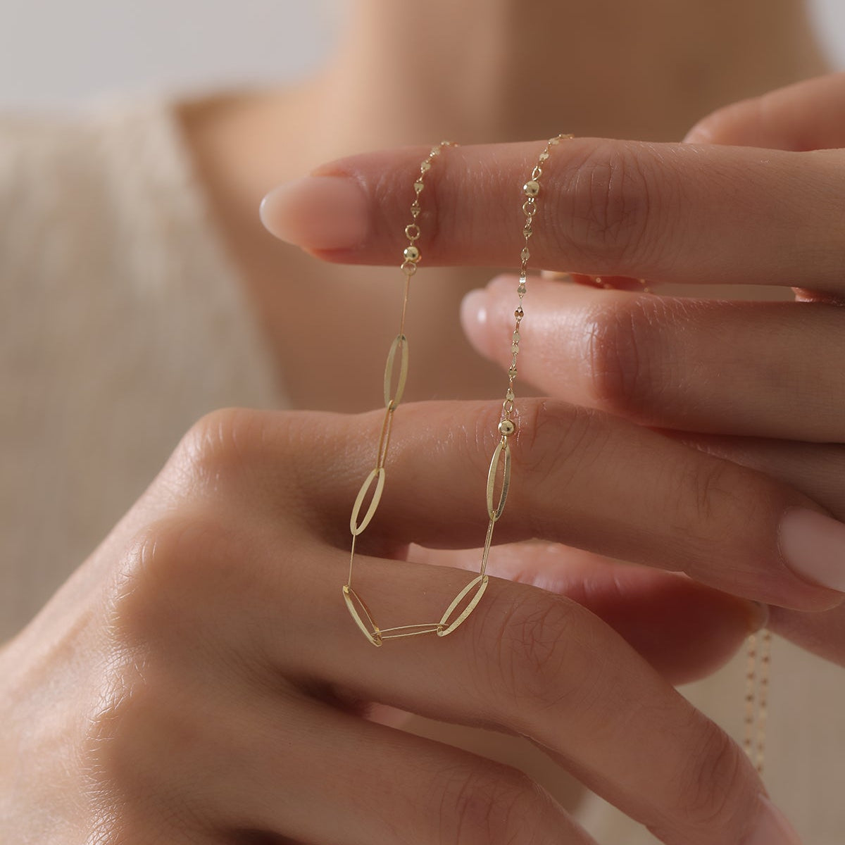 GLÄNZENDE SPIEGELKETTE MIT TROPFEN- UND PAPERCLIP-ELEMENTEN HALSKETTE | 14K GOLD