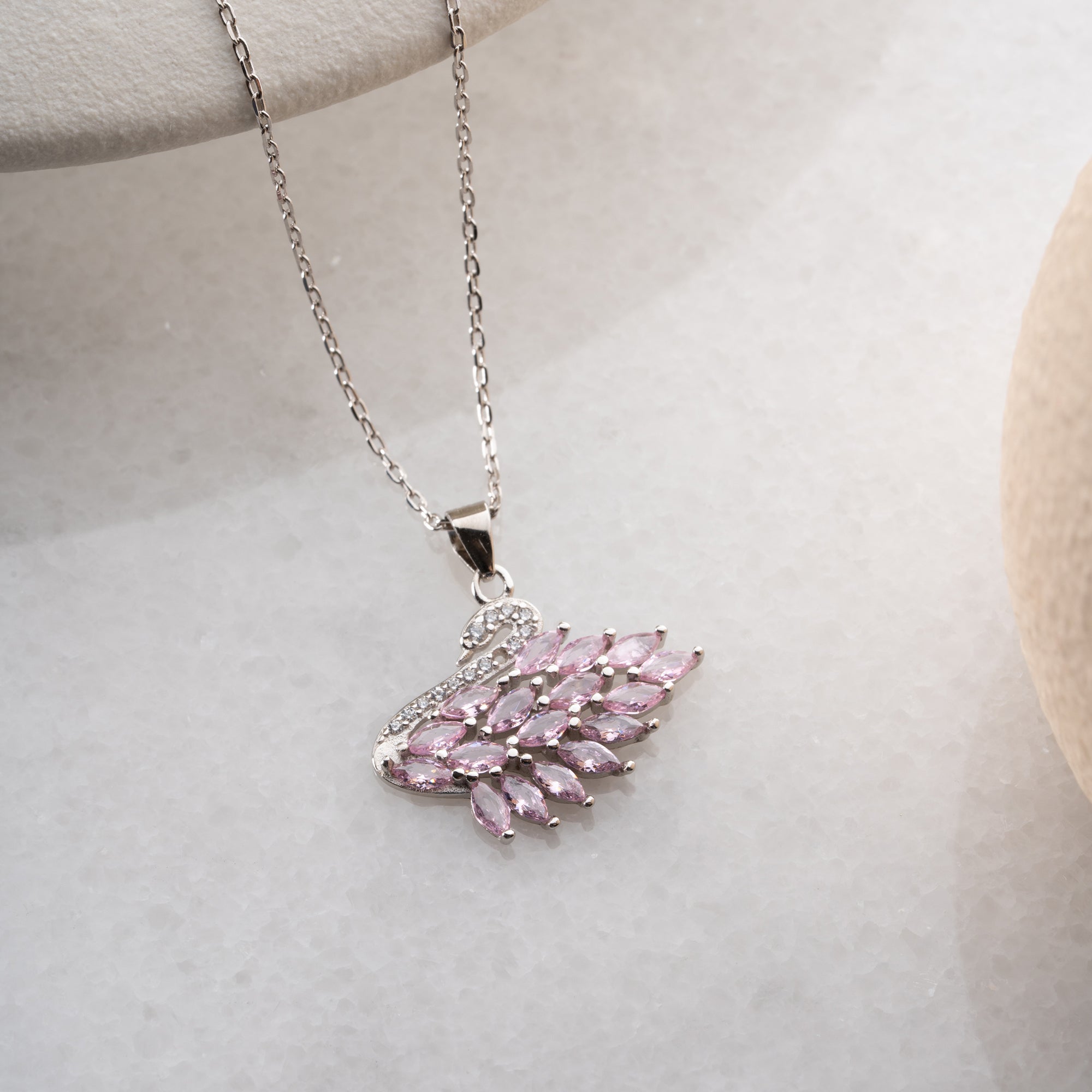 SCHWAN MIT ROSA STEIN HALSKETTE | 925 SILBER