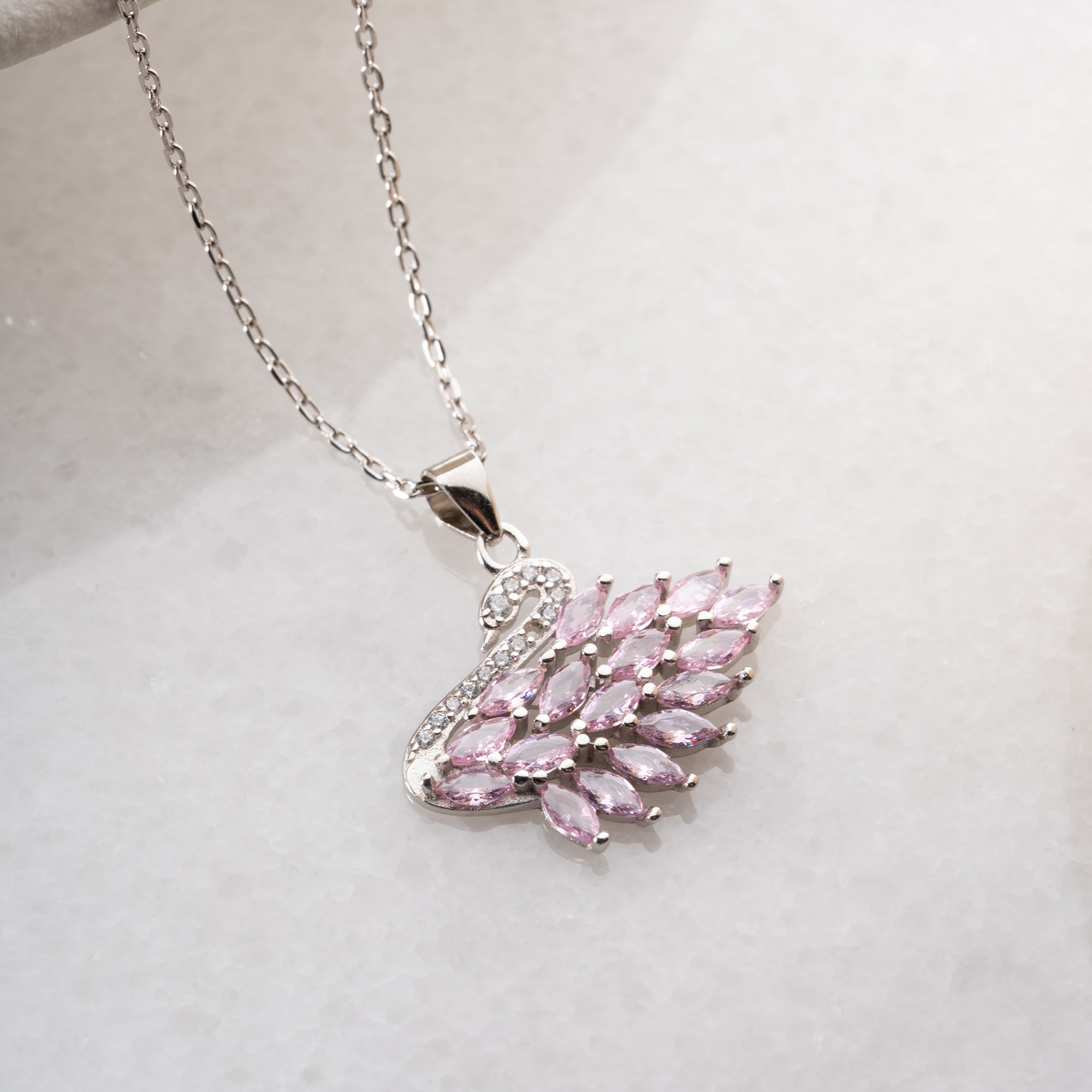 SCHWAN MIT ROSA STEIN HALSKETTE | 925 SILBER