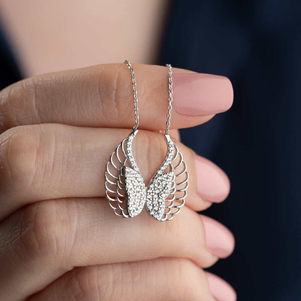 Collana Con Ciondolo Ali D'Angelo In Argento 925 Con Zirconi - Goldene Hufeisen - Fatto A Mano