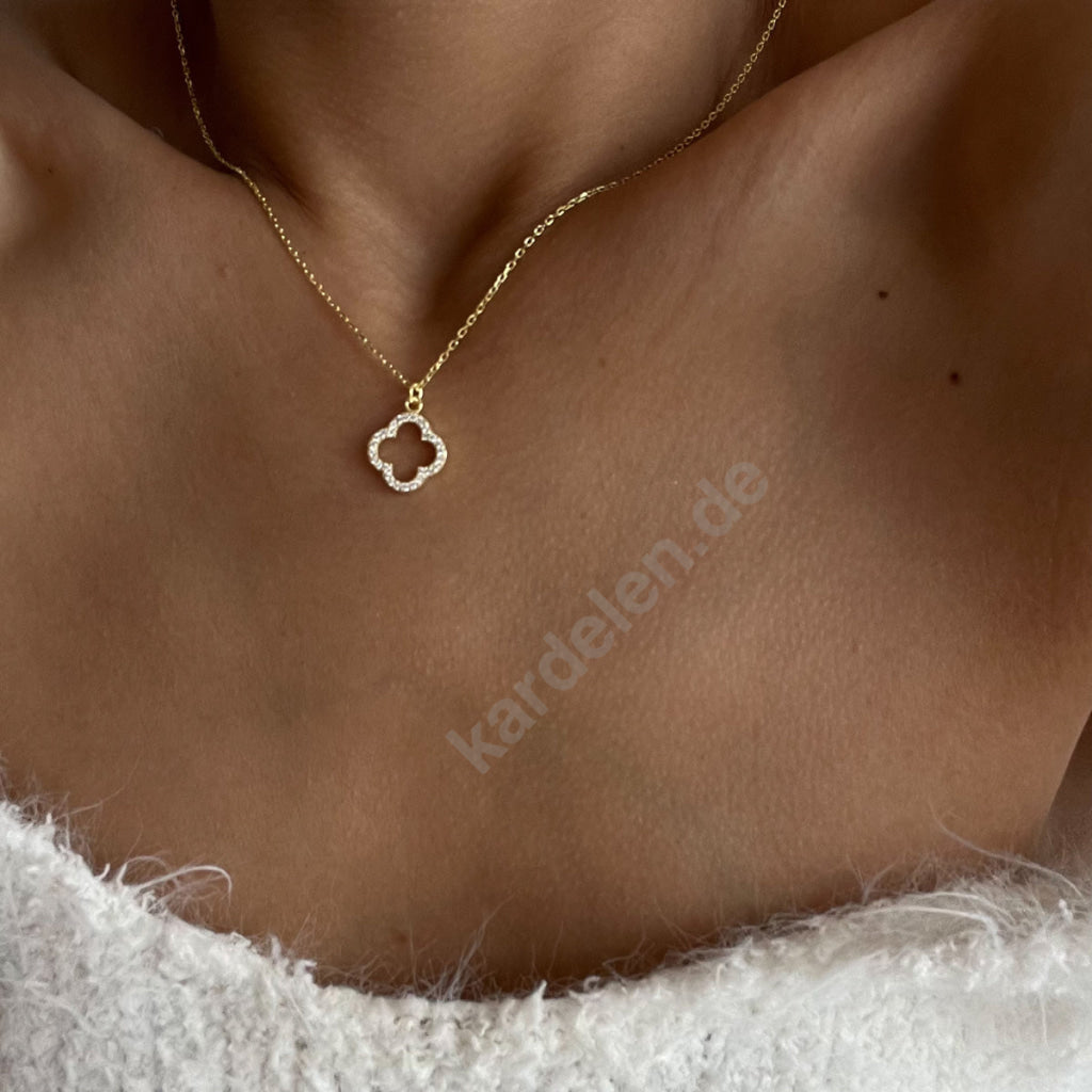 Kardelen 14K GOLD KLEEBLATT HALSKETTE MIT STEIN